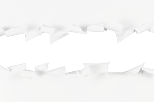 torn or ripped hole in white paper border frame or transition design element isolated on white or transparent png