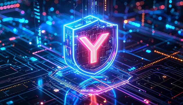 A glowing, neon shield with a central letter, atop a digital circuit board, suggesting security & protection