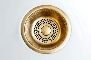 Close-up of a golden drain in a white sink. Circular design with many holes