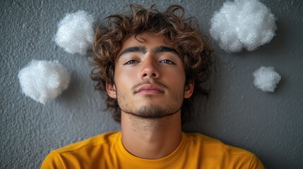 Young man lying on gray floor, puffy white clouds