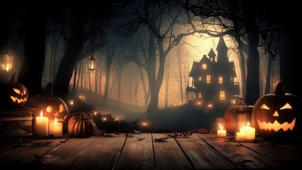 Haunted Forest Halloween Night with Pumpkins and Candles