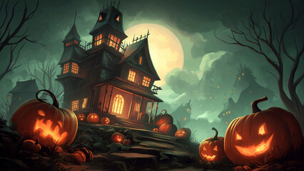 Haunted house with glowing pumpkins under full moon