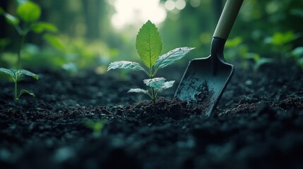 Young plant being planted in dark soil with shovel