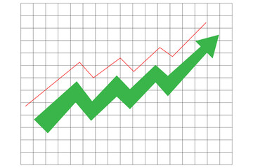 Green arrow graph showing upward trend on grid background isolated on transparent background