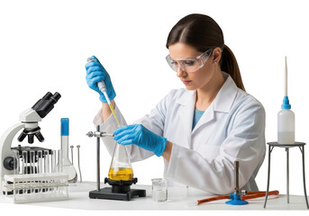 Focused female scientist in lab coat and goggles performs experiment with pipette and flask isolated on transparent background