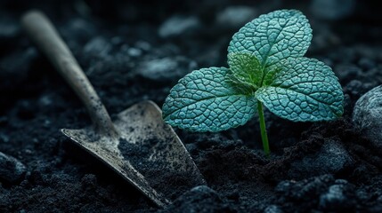Young mint sprout next to a trowel