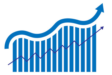 Bar chart with upward trending blue arrow isolated on transparent background