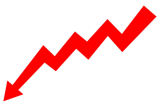 Red downward trending zigzag arrow isolated on transparent background