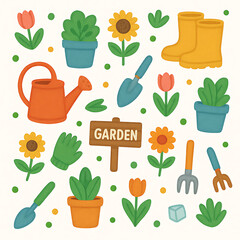 set of gardening tools and flowers