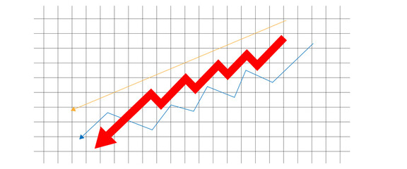 Red downward trending arrow on a graph isolated on transparent background