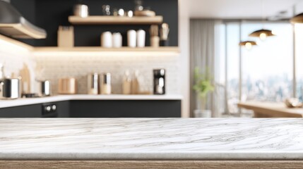 Modern minimalist kitchen with natural light open space interior design with wooden shelves and contemporary appliances