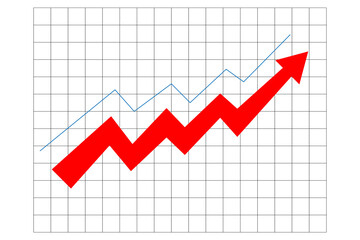 Red and blue line graphs with upward arrow isolated on transparent background