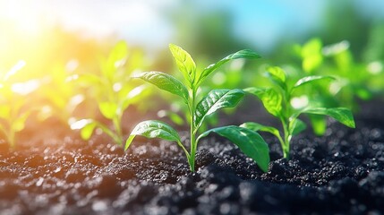 Young plants sprout from dark soil, bathed in sunlight