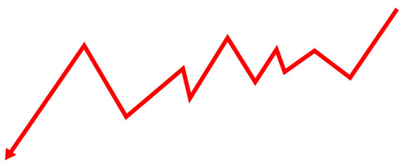 Red jagged line graph trending downwards isolated on transparent background