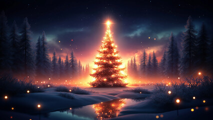 Magical Christmas Tree in the Winter Forest