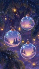 Magical Christmas Baubles with Winter Landscape and Glowing Stars