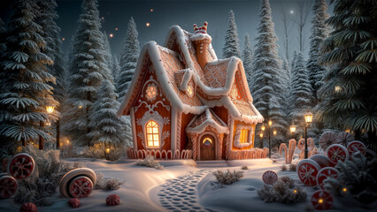 Magical Gingerbread House in a Snowy Forest with Christmas Lights
