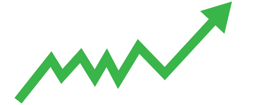 Green line graph with upward arrow isolated on transparent background