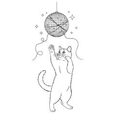 Playful cat standing on hind legs reaching for a sparkling disco ball line art.