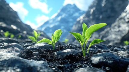 Young plants sprout from rocky ground amidst mountains