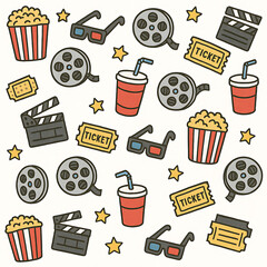 seamless pattern with cinema, popcorn and soda