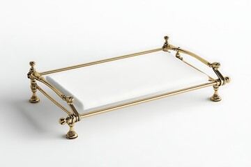 Elegant, golden, raised serving tray with a white surface. Ornate metal design, isolated on white