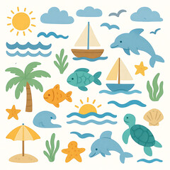 set of sea animals and icons