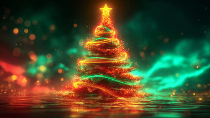 Neon glowing Christmas tree with festive lights on dark background