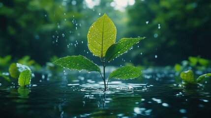 Young sprout in rain, lush forest