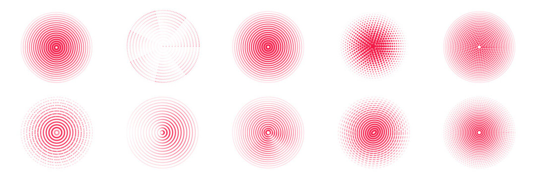 Set of radiate echo patterns. Red concentric circular and radial shockwave collection. Abstract vector round, ripple, signal elements.