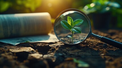 Young sprout magnified by lens over cracked earth, book nearby
