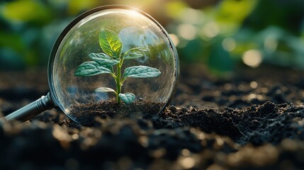 Young sprout magnified by lens in soil