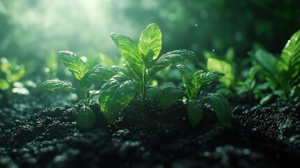 Young sprouts emerge from dark soil