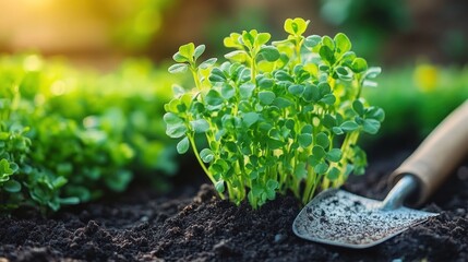 Young sprouts in garden bed, trowel
