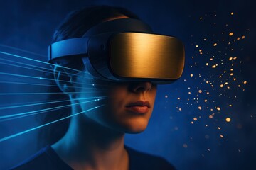 Exploring the Depths of Virtual Reality: A Woman Engaged with Advanced VR Technology in a Dazzling Blue and Gold Environment