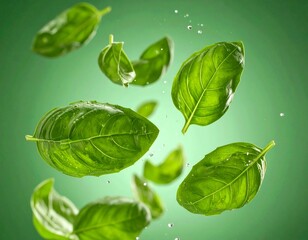  Fresh green basil leaves in motion, floating mid-air with clean water splashes against a vibrant green gradient background. Concept of healthy eating and fresh ingredients