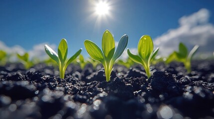 Young sprouts in rich soil, sunny day