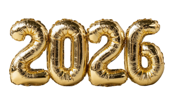 Gold Foil Balloons Forming 2026 on Black Background isolated on a transparent background