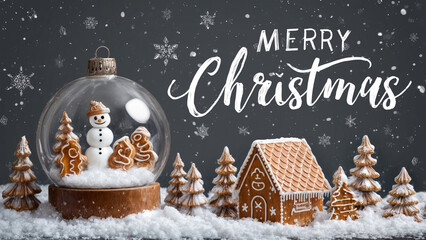 Snowman and Gingerbread House Christmas Scene with Snow Globe