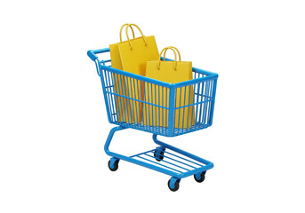 Bright blue shopping cart filled with yellow shopping bags isolated on transparent background
