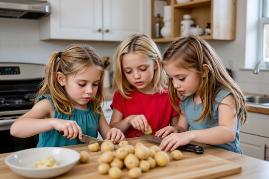 Siblings peeling potatoes together at the kitchen counter, joking naturally as they work.
