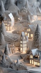 White paper art winter village with glowing houses and trees