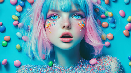 Young woman with pastel hair and candy makeup