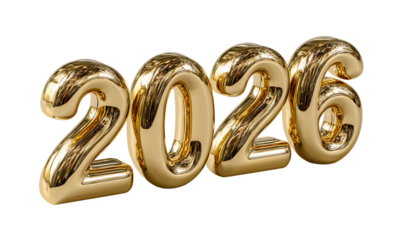 Glossy Gold 3D Numbers Forming the Year 2026 new year isolated on a transparent background