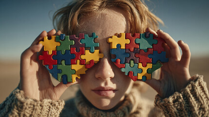 a kid holding colorful puzzle pieces in front of the face, symbolizing the idea that together we can help kids with autism