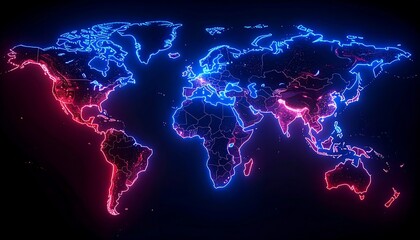 A glowing neon world map, continents highlighted in red and blue against a black background