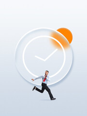 Businessman running away from giant futuristic clock icon in surreal composition. Concept of...
