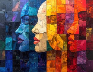Fototapeta premium A vibrant, colorful mosaic portrait of three faces, showcasing a dynamic interplay of contrasting hues and textures, capturing a moment of shared intimacy.