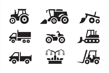 Modern Farm Machinery Icons with Tractor, Pickup, and Sprinkler System