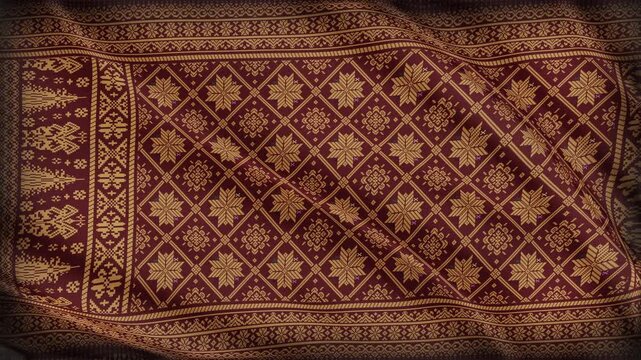 Seamless animation of batik tenun songket palembang pattern waving like a flag. Traditional Indonesian batik tenun songket motif with ethnic ornament, cultural textile design, heritage background